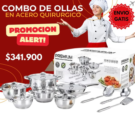 Combo de Ollas en Acero Quirurgico 15 Piezas + Organizador de Cocina Ajustable